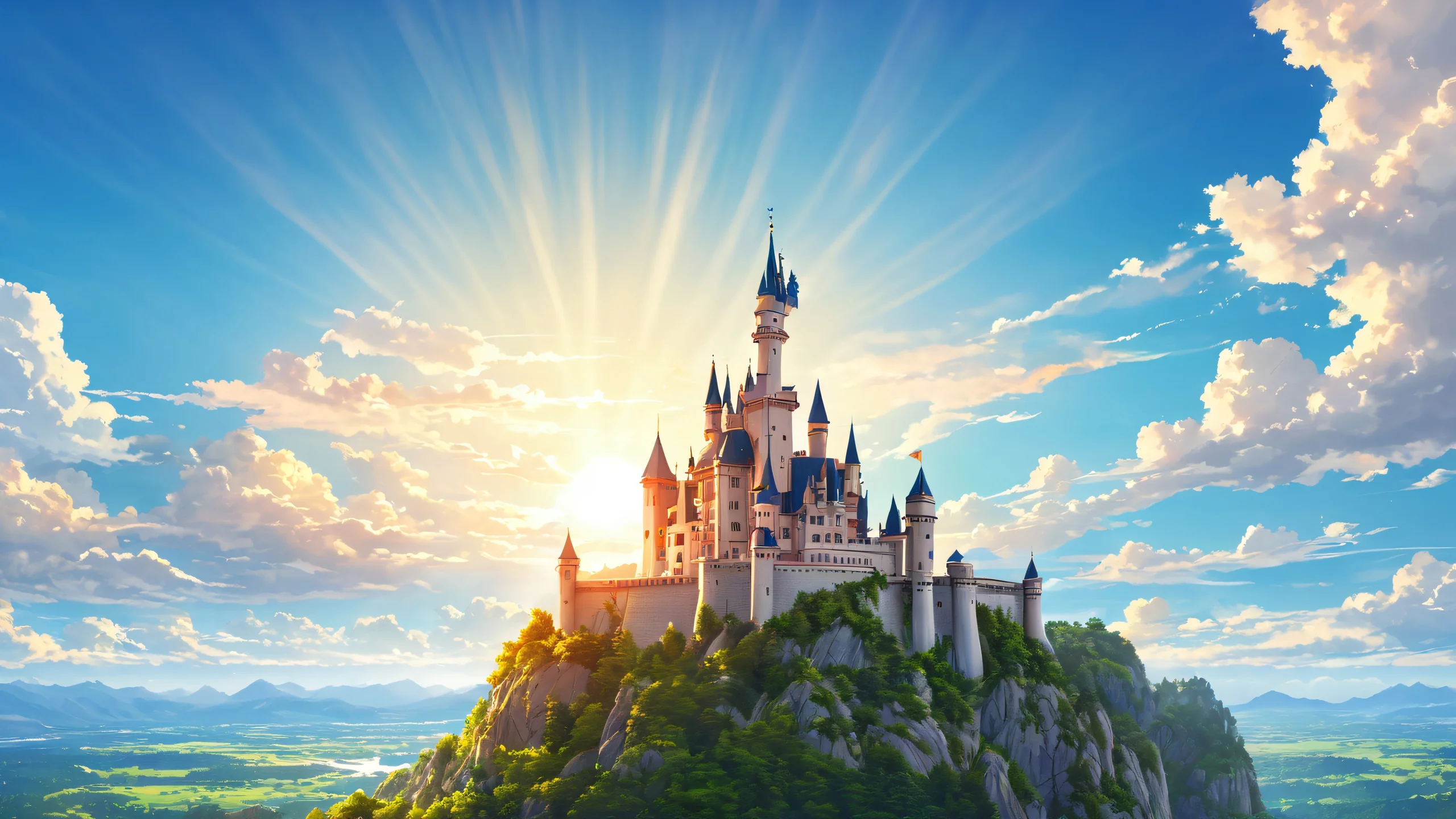 Sunlit Castle Elegance 4K UHD Widescreen An illustrated fantasy castle surrounded by clouds and bathed in warm sunlight.