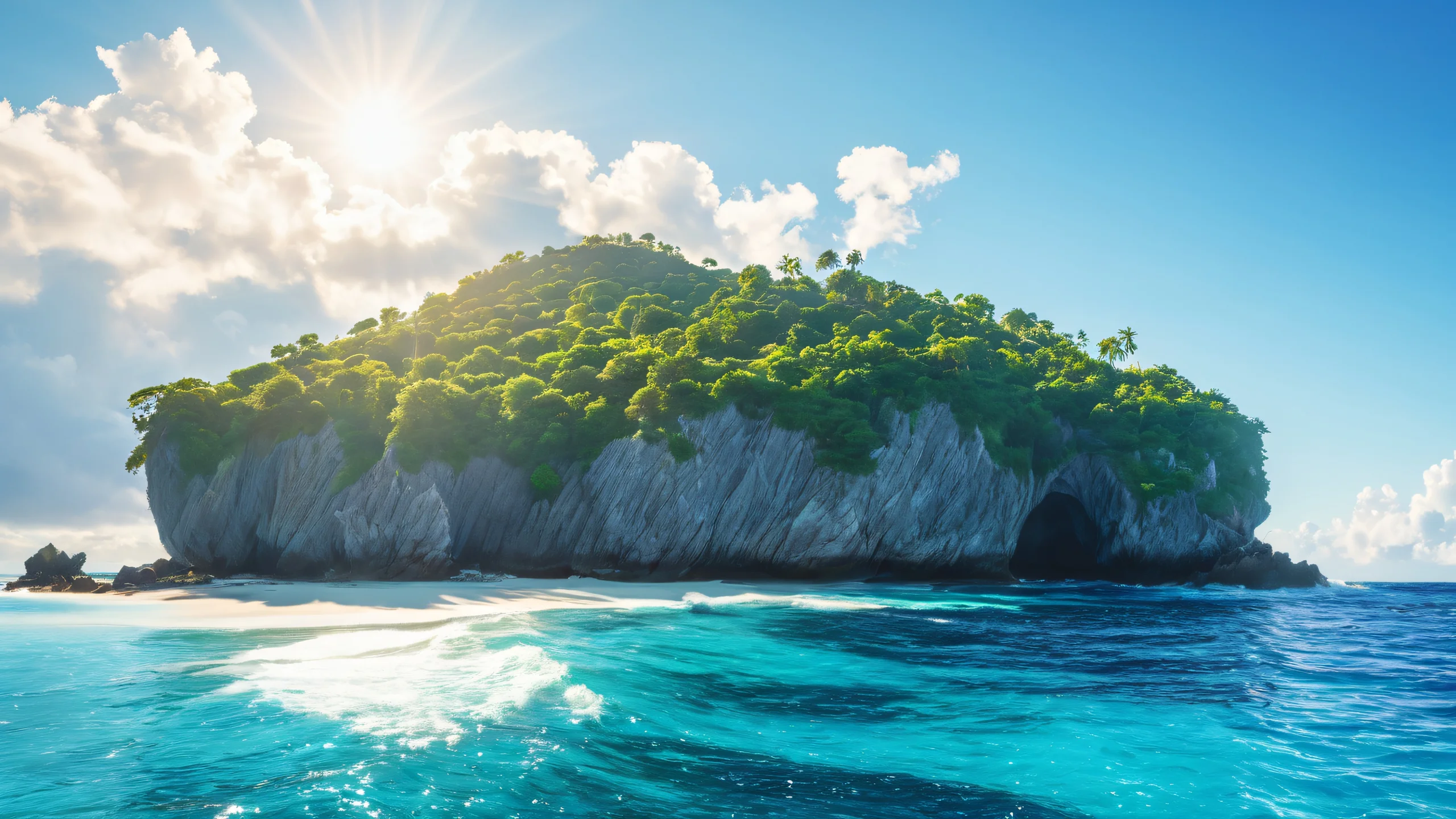 Aesthetic Sunlit Tropical Coast Background A serene coastal landscape with crystal-clear waters and a bright blue sky