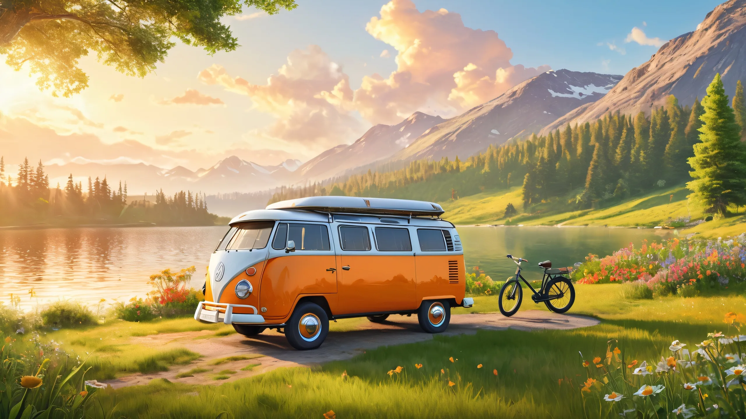 A camper van parked on a green hillside overlooking a serene lake at sunrise, with a vintage bicycle and hiking boots, for desktop/pc use.