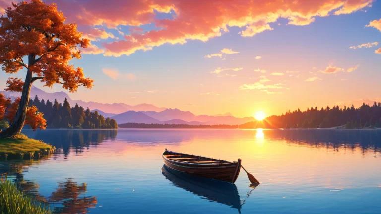 A serene illustration of a boat on a lake at sunset with vibrant colors and high detail.