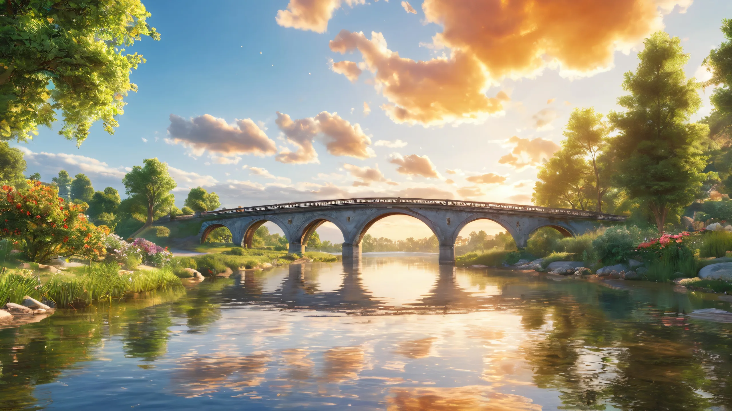 Breathtaking desktop wallpaper featuring a serene sunrise scene with a bridge, river, and surrounding landscape for the visually impaired using screen readers.