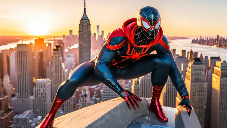 Miles Morales in his Spider-Man suit on a city rooftop overlooking the Manhattan skyline at sunset, with the Statue of Liberty and a black web-slinger's bike. Desktop/PC background.
