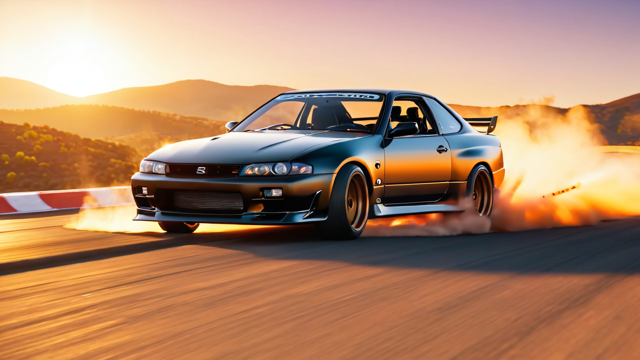 High-performance drift car on a deserted track at sunset. Desktop/PC.