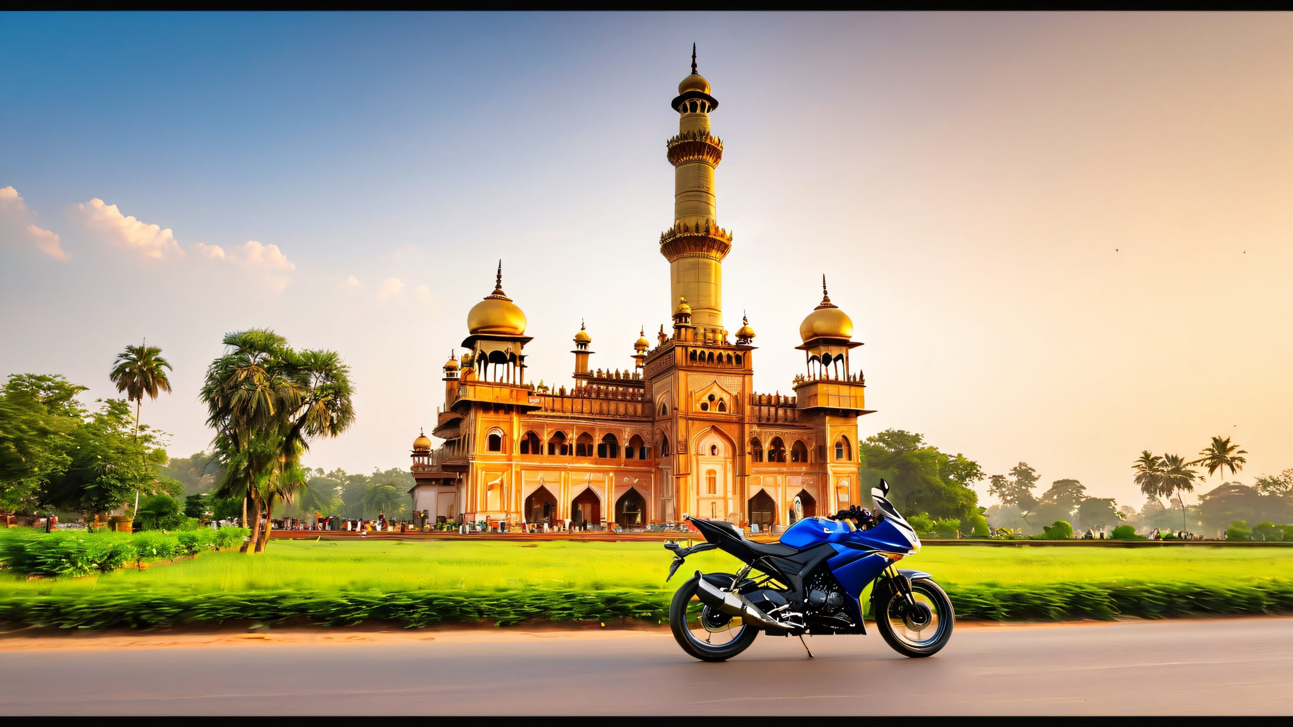 A sleek Yamaha R15 motorcycle on a serpentine road, with the iconic Bara Imambara monument in the background, suitable for desktop/pc backgrounds.