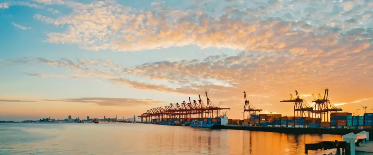 A breathtaking seascape desktop wallpaper of a docked crane and ships at sunset, with a cityscape in the distance, for PC/ Desktop users.