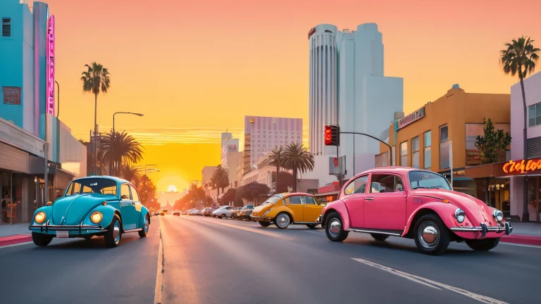A vintage-inspired desktop wallpaper featuring a sun-kissed Los Angeles street scene with the Capitol Records Building and Sunset Strip neon sign, ideal for desktop/PC use.