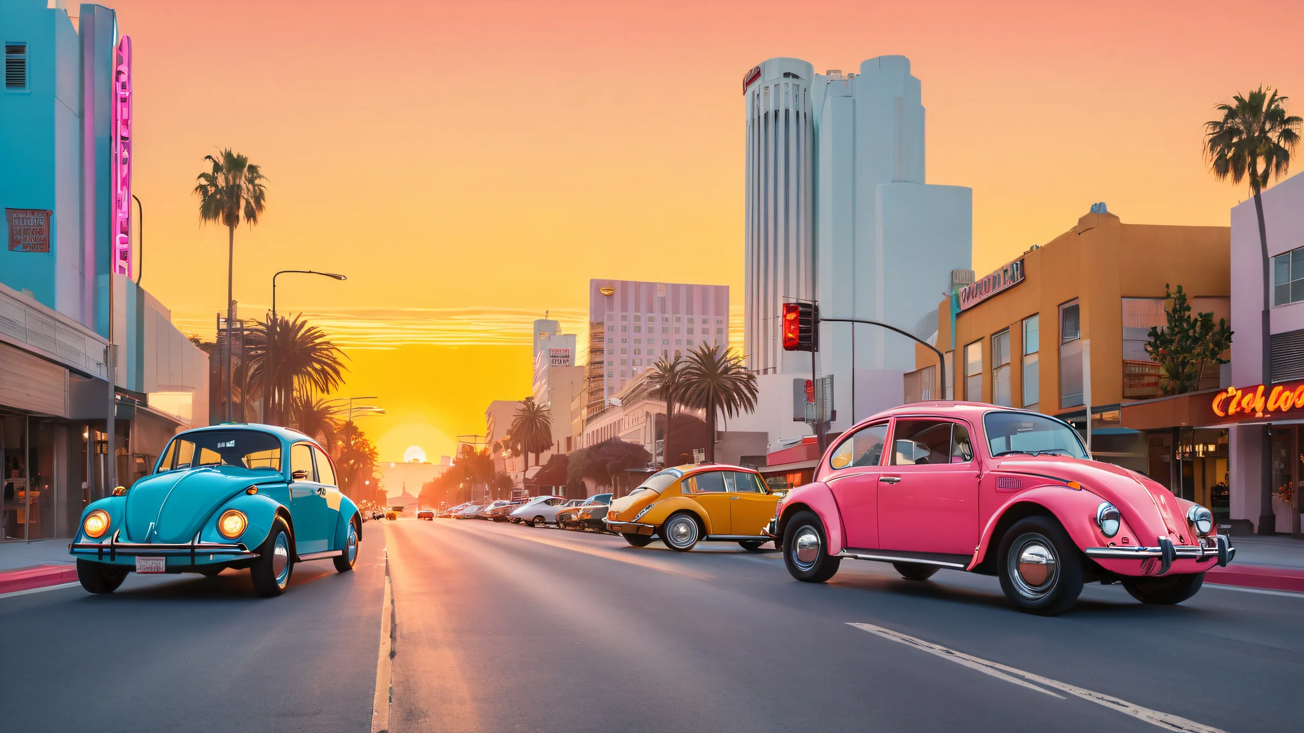 A vintage-inspired desktop wallpaper featuring a sun-kissed Los Angeles street scene with the Capitol Records Building and Sunset Strip neon sign, ideal for desktop/PC use.