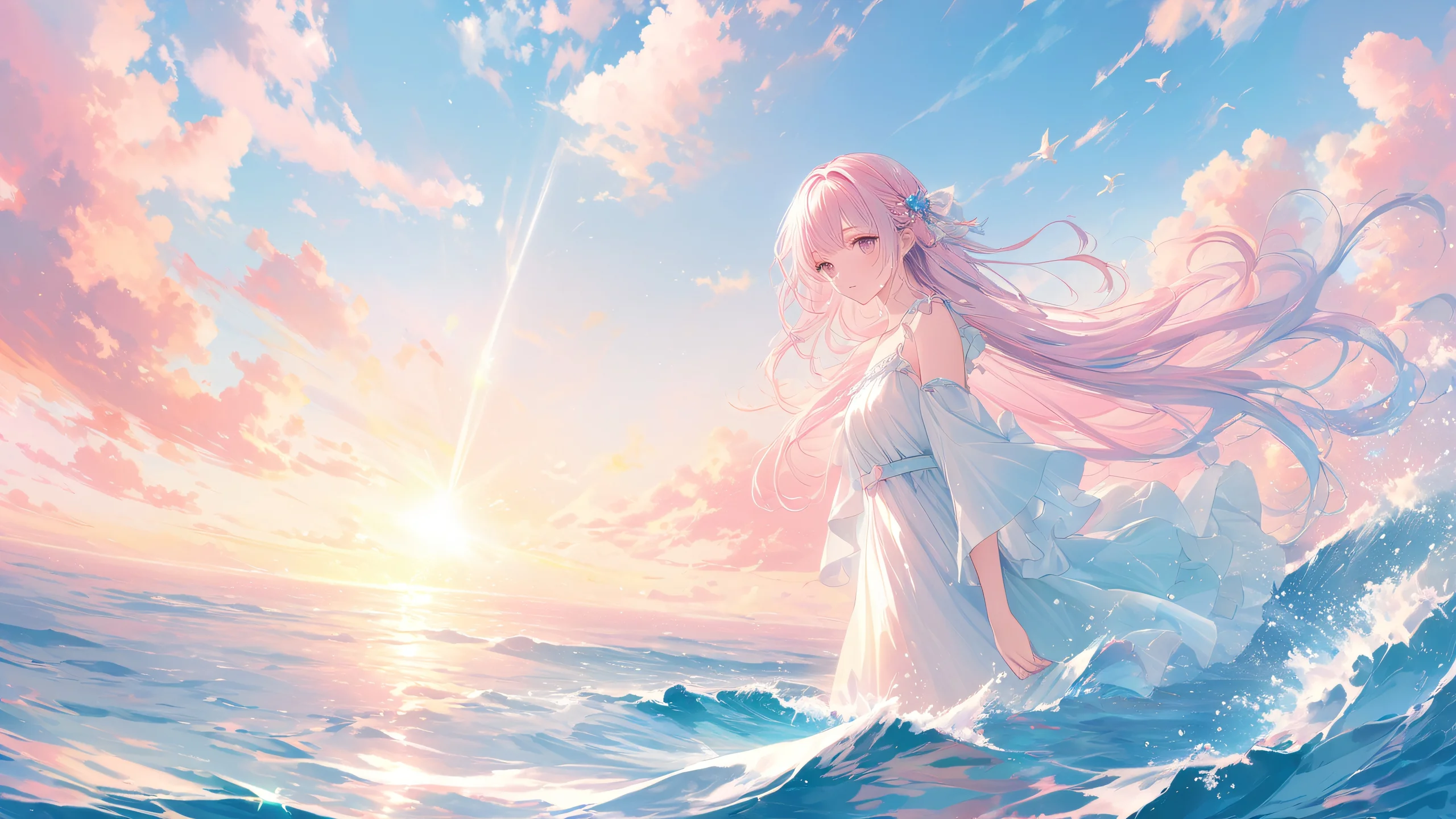Sunlit Angel's Cove 4K UHD Wallpaper A serene illustration of an angel standing by the water's edge, bathed in soft pastel sunlight.