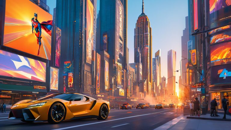 superhero cityscape at sunset 4k wallpaper scaled