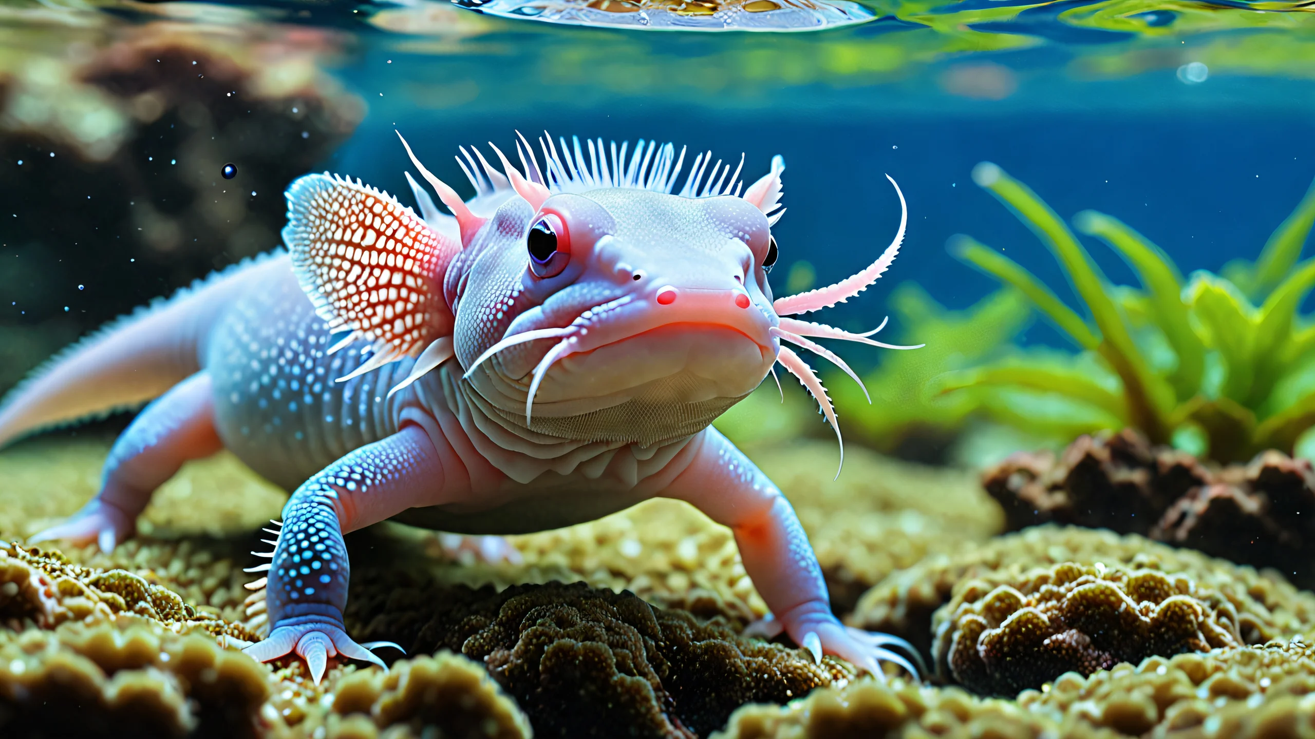 Surreal Aquatic Dreamscape 4K Desktop Wallpaper A serene and vibrant underwater scene featuring an axolotl amidst soft blue and brown hues.