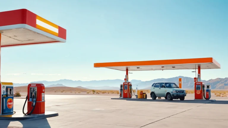 A surreal and humorous depiction of a man at a gas station in a bright, neutral background.