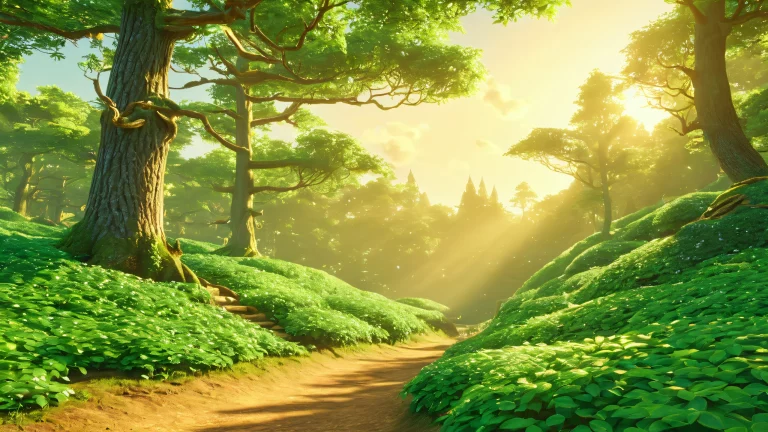 A majestic landscape featuring Link in a surreal forest with vibrant green and gold hues.