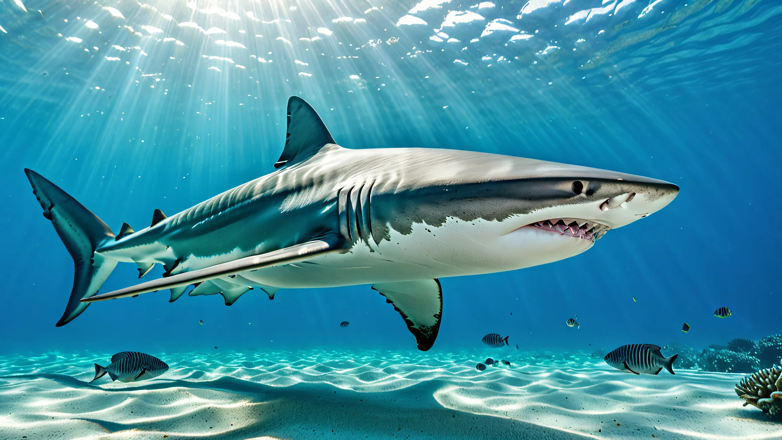 A stunning underwater scene featuring a shark in a surreal environment with soft glow and blended blue and green hues.