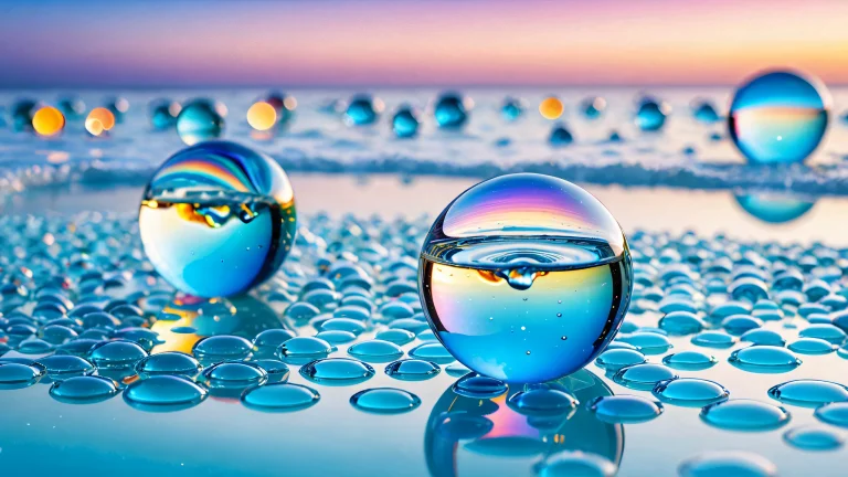 Abstract surreal scene with glass marble and water, featuring a soft glow and calming colors.