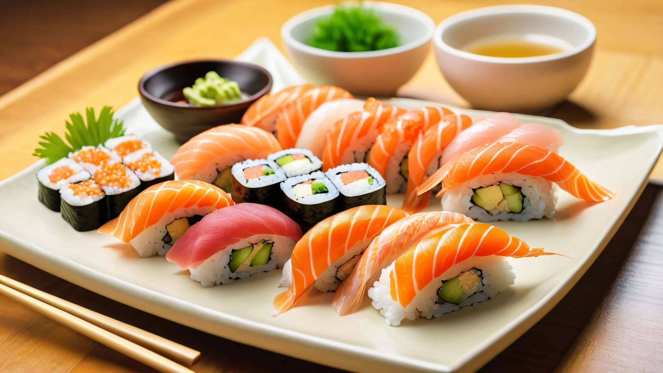 Sushi Masterpiece 4K UHD Widescreen A beautifully arranged sushi platter on a table setting, lit with studio-quality lighting and natural colors.