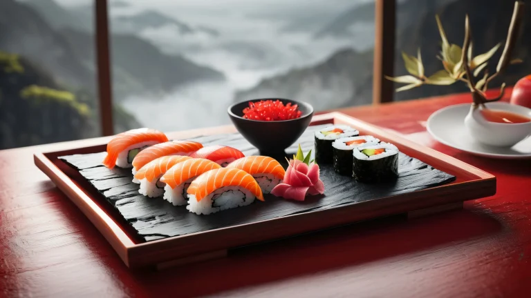 Award-winning digital art of a sushi platter on a studio desktop setup with crisp edges and natural colors for use on Desktop/PC.