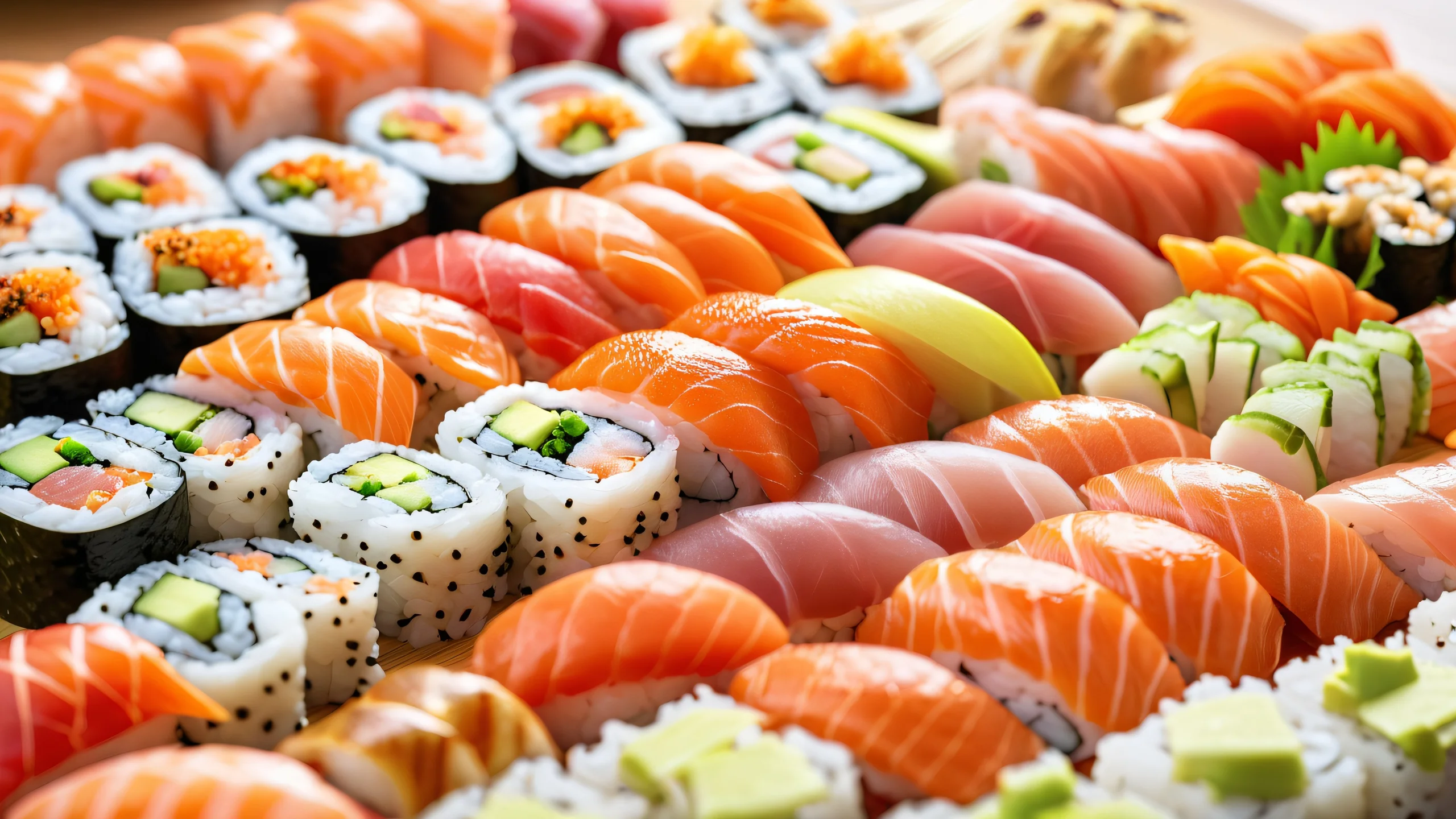 A stunning sushi platter photographed in a studio setting with studious lighting.