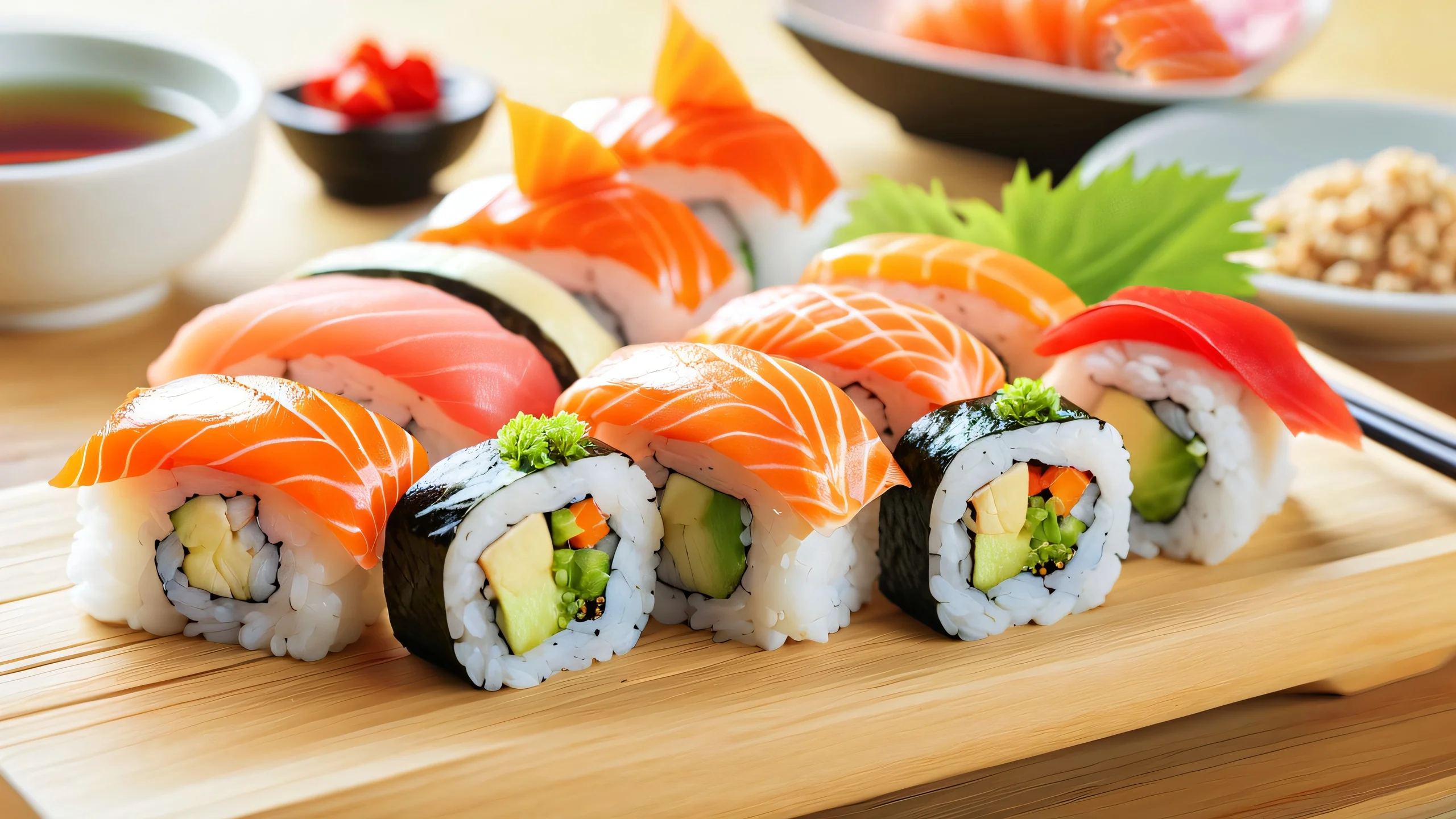 Sushi Masterpiece Studio Aesthetic PC Wallpaper A photorealistic image of a sushi platter in a studio setting with soft reflections and pastel colors.