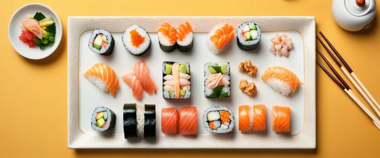 A beautiful sushi platter on a studio set against a bright yellow background. Suitable for desktop or PC.