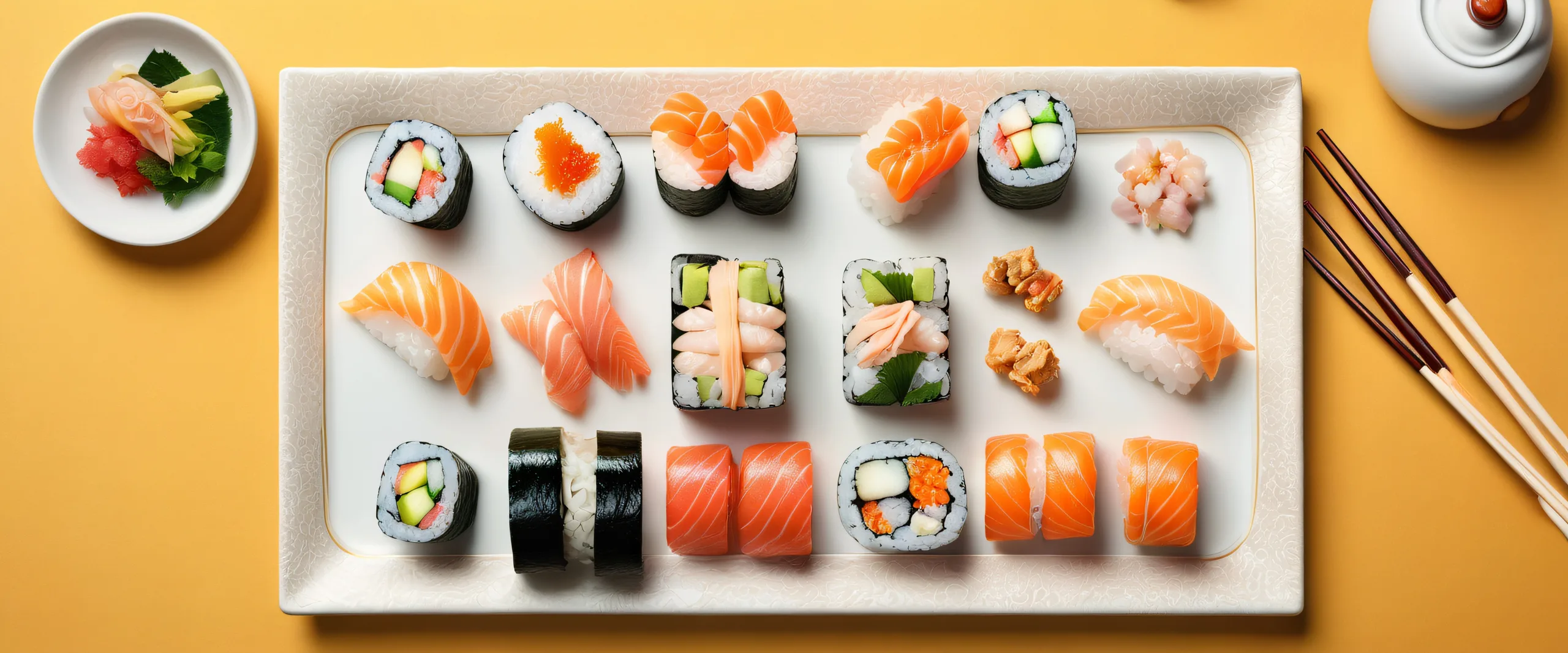 A beautiful sushi platter on a studio set against a bright yellow background. Suitable for desktop or PC.