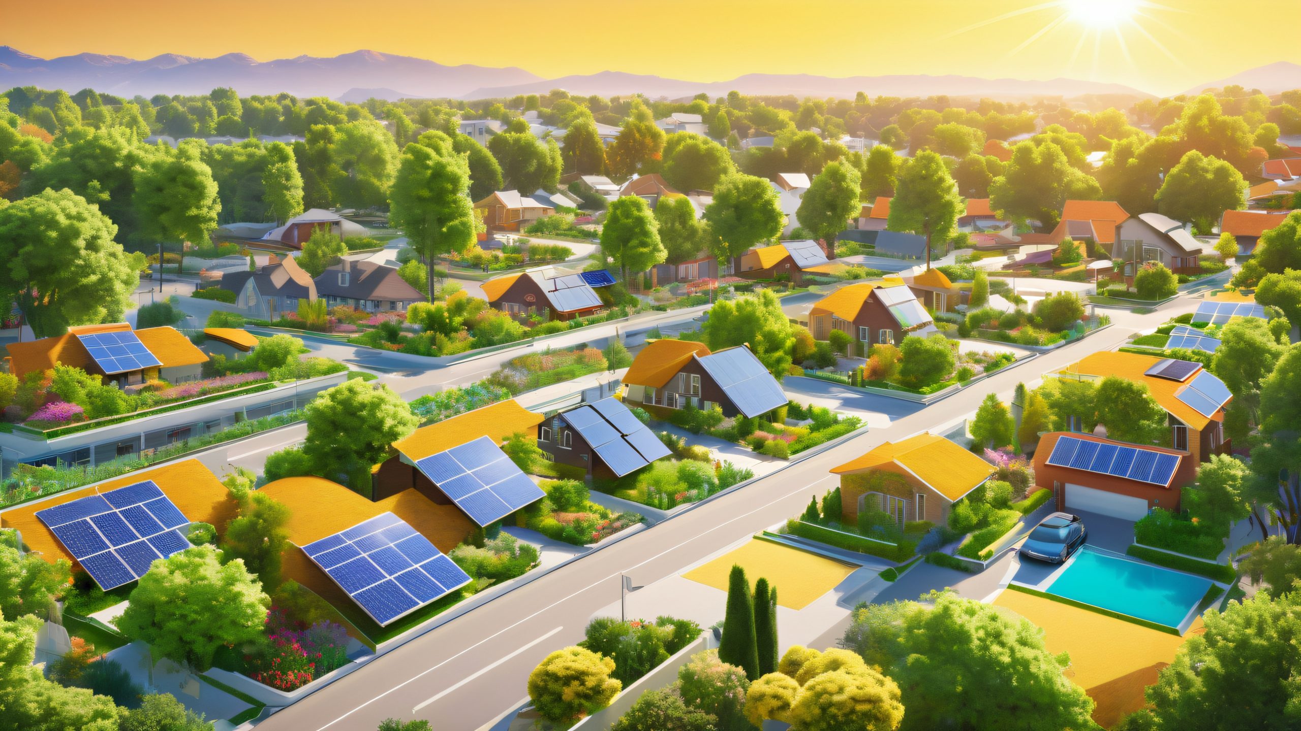 A vibrant digital illustration of a suburban neighborhood transformed into an oasis of sustainability and community spirit, featuring solar panels, green roofs, community gardens, and sustainable agriculture plots.