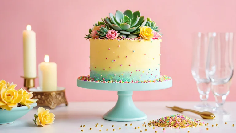 Breathtaking 4K desktop wallpaper featuring a multi-tiered cake with edible flowers and crumbs on a cozy living room setting with vintage decorations and warm candlelight.