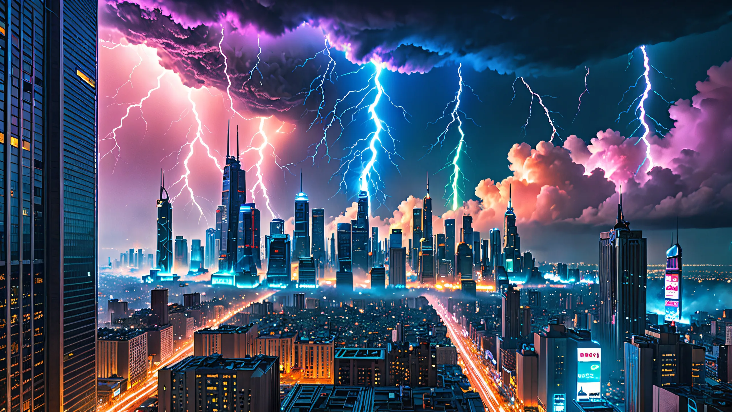 Swirling Chaos in Neon Metropolis 4K UHD Widescreen A futuristic cityscape at the edge of a meteorological anomaly, with debris and ionized gases, suitable for desktop/pc use.