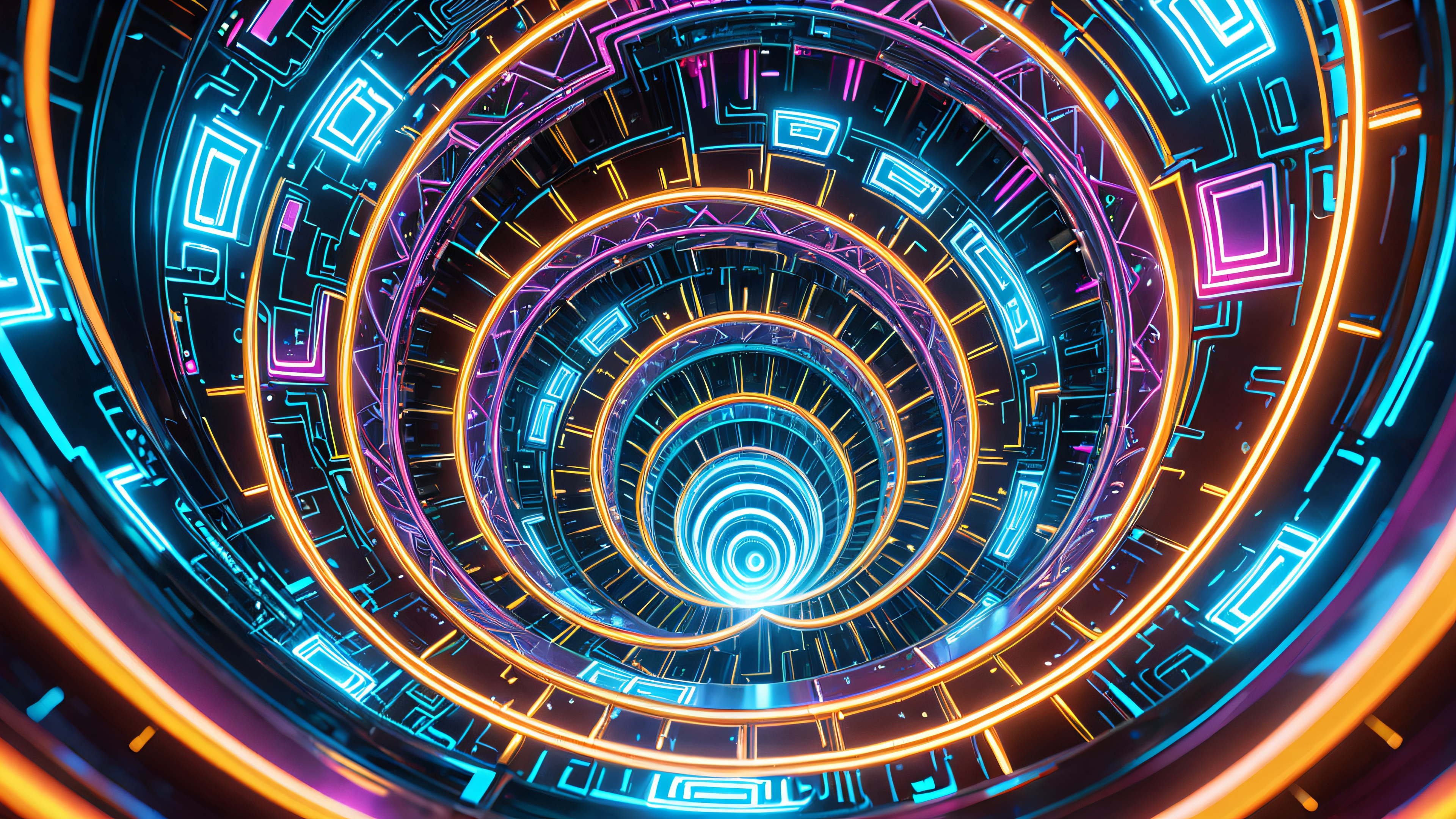 A mesmerizing 4K desktop wallpaper featuring a swirling vortex of glowing blue code, intricate tendrils, and a glowing golden core.