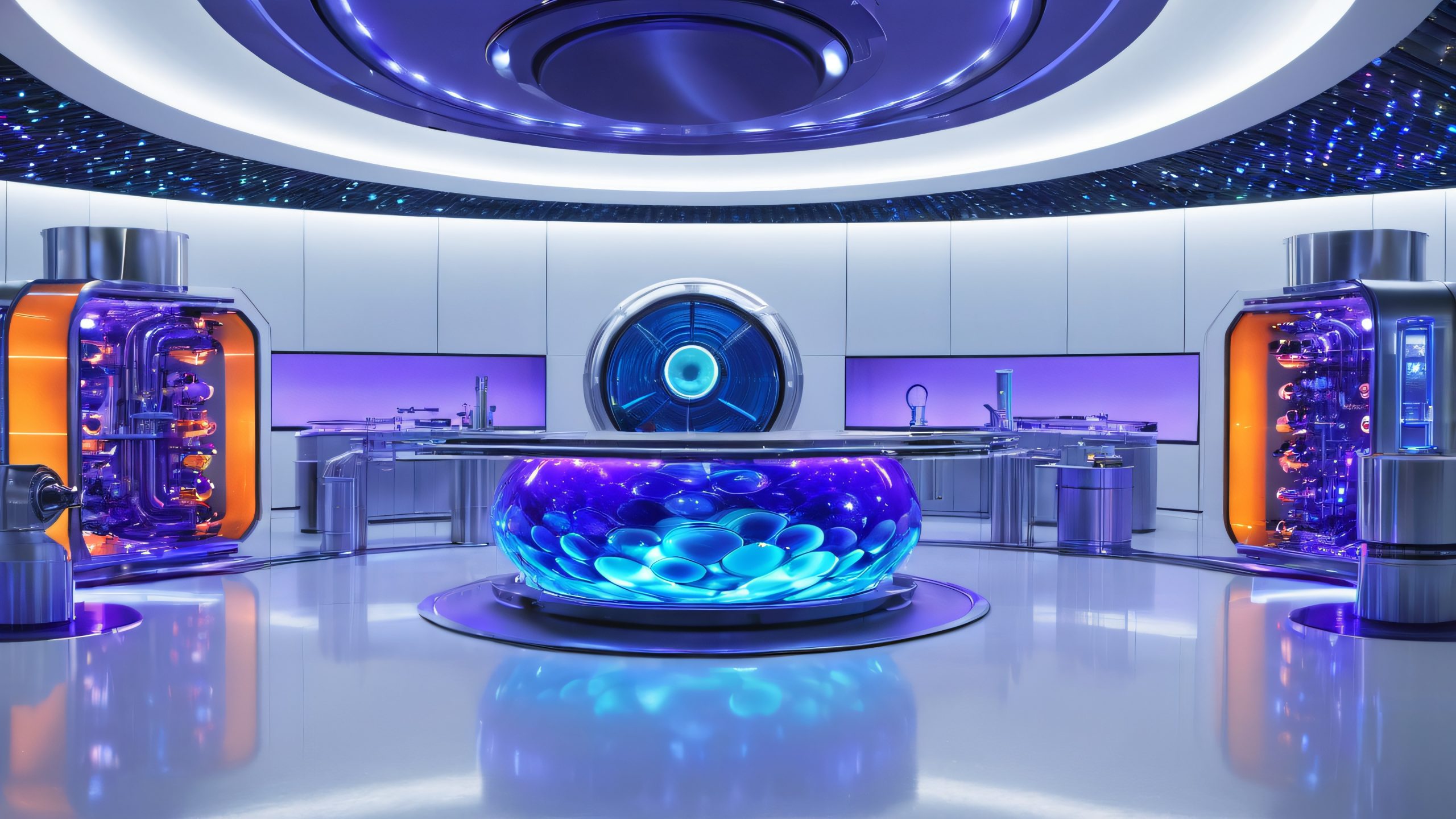 A futuristic laboratory setting on a desktop/pc with swirling blue and purple liquids, metallic pipes, and LED lights.