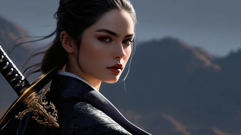 A stunning fantasy desktop background of a woman with sword standing in front of a vast pure void, perfect for desktop/pc screens.