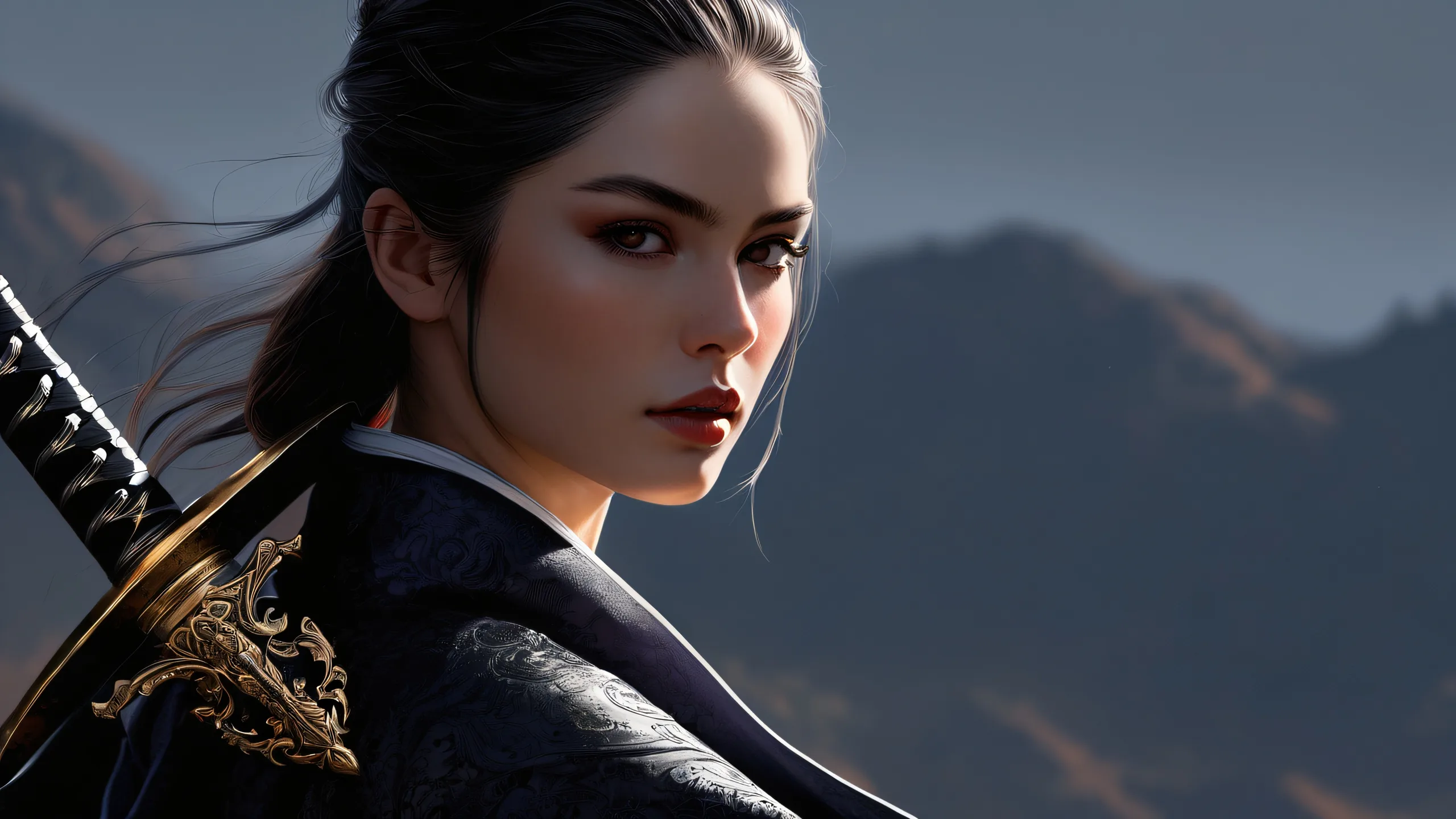 A stunning fantasy desktop background of a woman with sword standing in front of a vast pure void, perfect for desktop/pc screens.