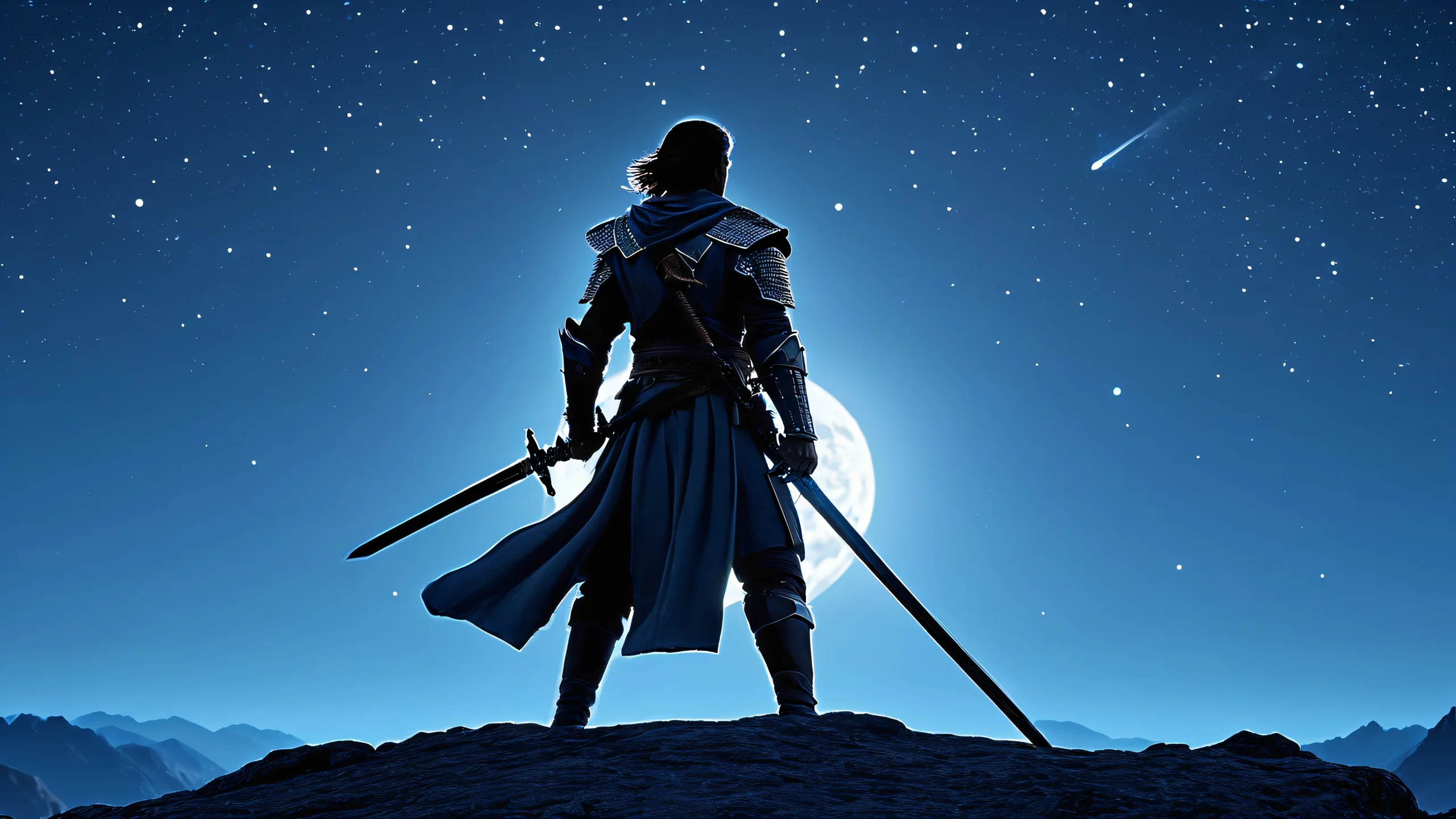 Ultra HD Swords in the Night Wallpaper A group of men wielding swords under a dark and starry night sky with a CGI-generated background.
