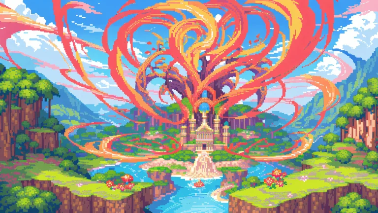 Two women wielding swords in a fantasy landscape with vibrant red and green colors.