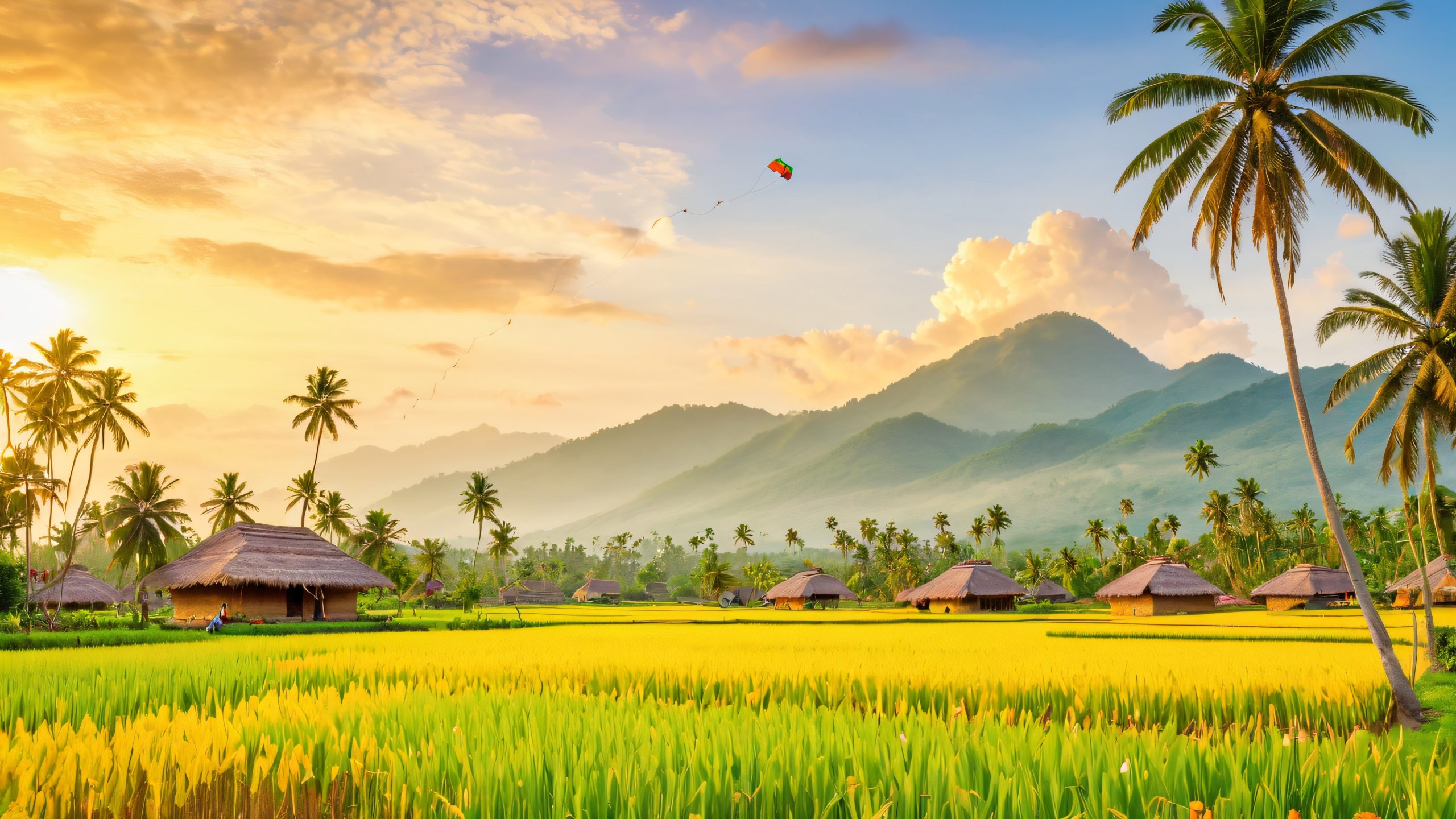 A serene rural village on a desktop or PC, featuring elderly farmers, children playing with kites, and a lush paddy field.