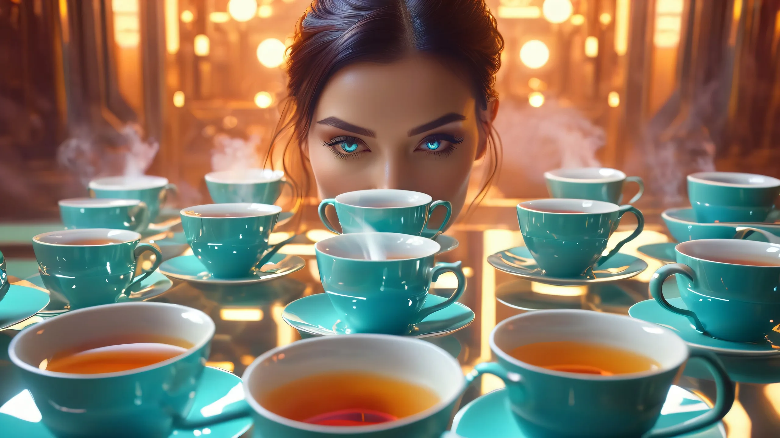 Tea Cup Illusions 4K Desktop Wallpaper A person surrounded by steaming hot tea cups reflected in their eyes, perfect for your desktop/pc.