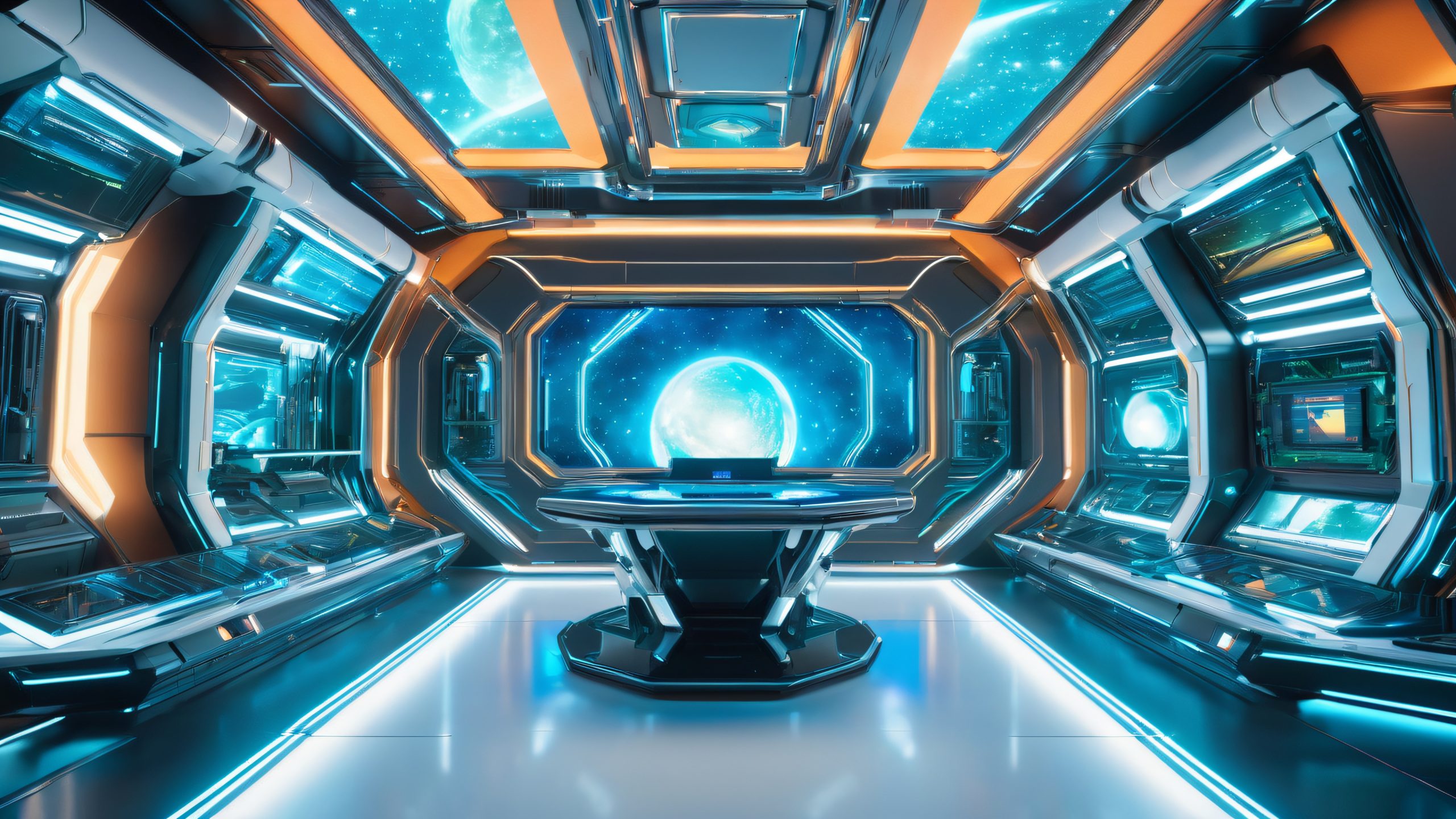Desktop/PC wallpaper featuring a futuristic command center with high-tech arsenal room and Warframe prototype