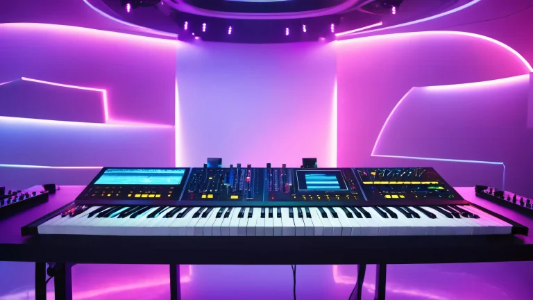 A futuristic audio engineer surrounded by LED lights and equipment, transformed into a master light technician holding the Lightkey device on a dimly lit recording studio or live event space with exposed wiring, metallic surfaces, and fog/mist.