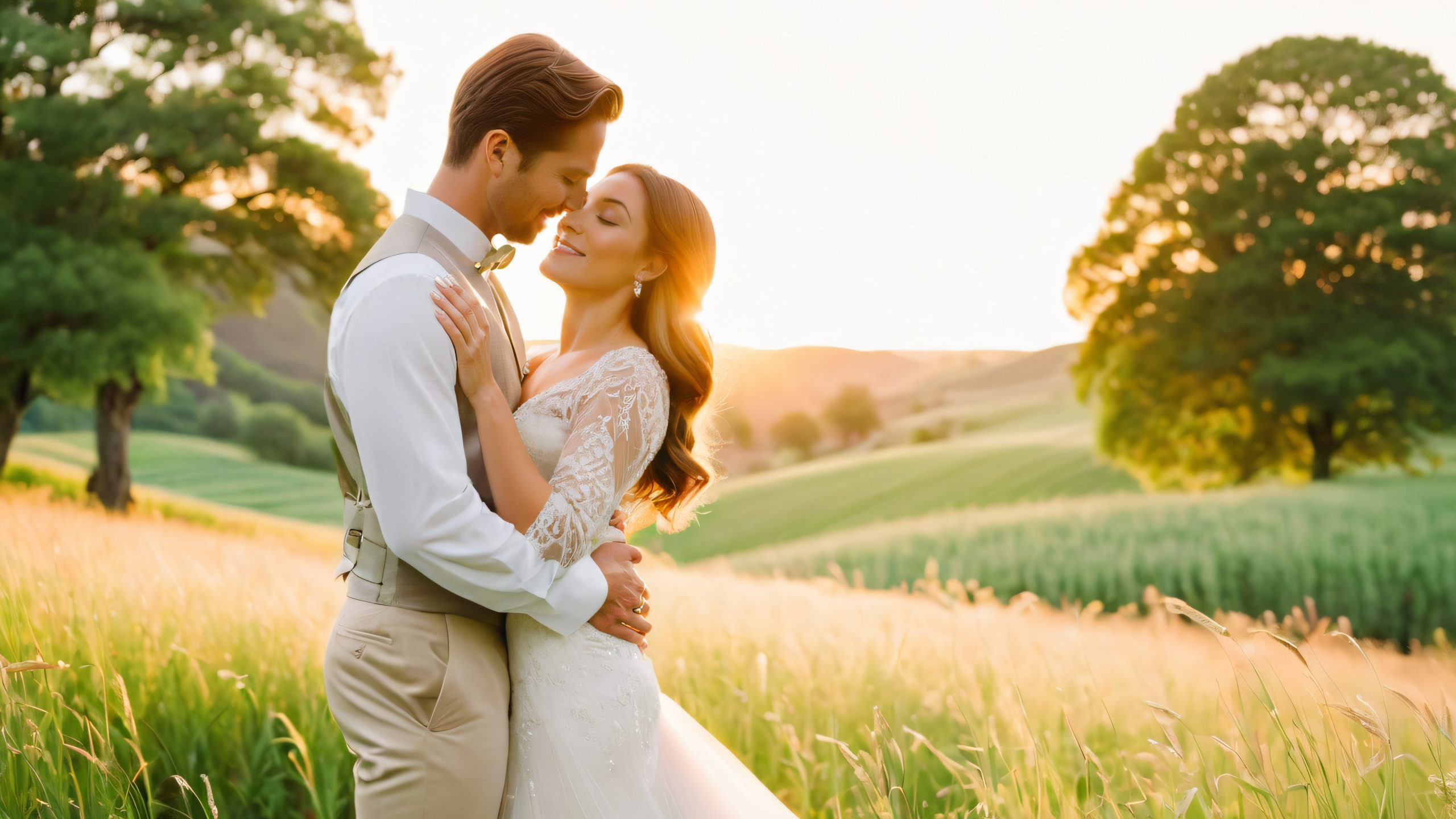 A romantic desktop wallpaper of a loving couple sharing a tender moment amidst lush greenery on a peaceful countryside setting for Desktop/PC