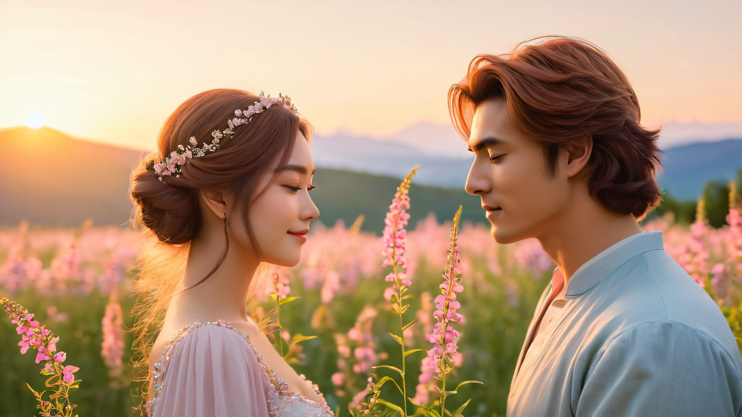 Romantic couple Yurina and Boris in a tender moment, desktop/pc background with sunset scenery