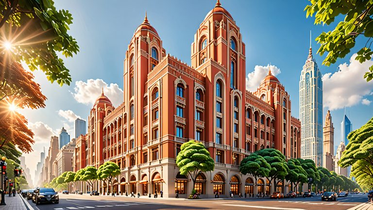 terracotta facade art deco city wallpaper scaled