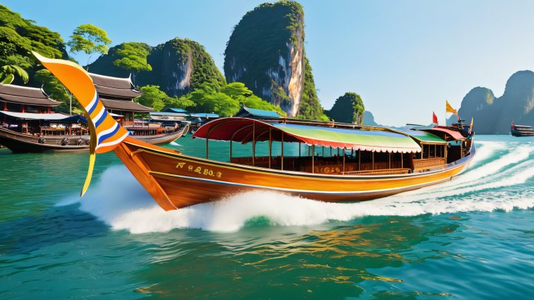 thai long tailed boat waterfront 4k wallpaper scaled