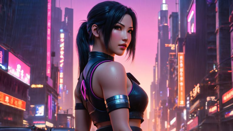 tifa lockhart cyberpunk wallpaper gritty cityscape battle dusk scaled
