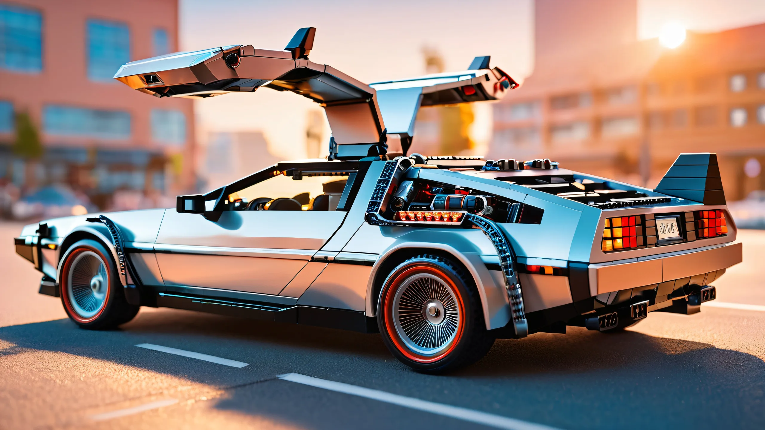4K Timeless Flux Cityscape Wallpaper for PC/Mac A high-resolution desktop image of a red DeLorean time machine and a futuristic cityscape at sunset for use on PCs, laptops, or tablets.
