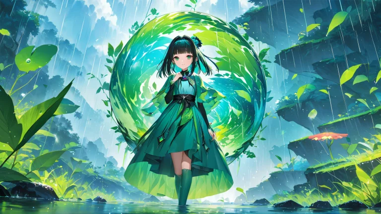 Anime artwork of Yun Ting standing under a mesmerizing rain shower with blue and green hues.