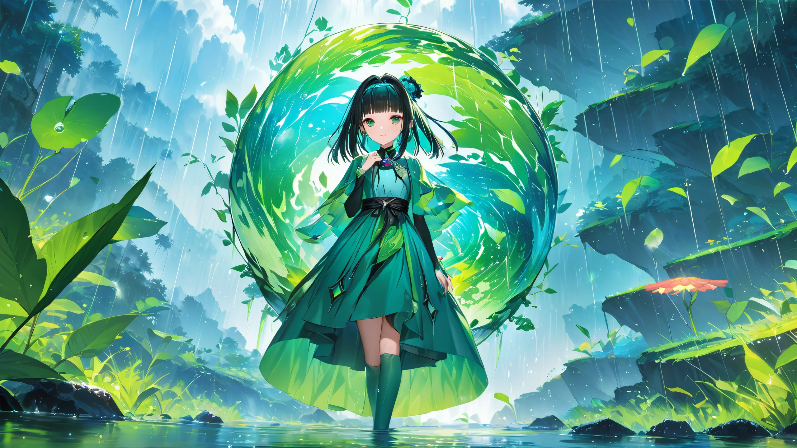 Aesthetic Ting's Ethereal Raindrop Moment Background Anime artwork of Yun Ting standing under a mesmerizing rain shower with blue and green hues.