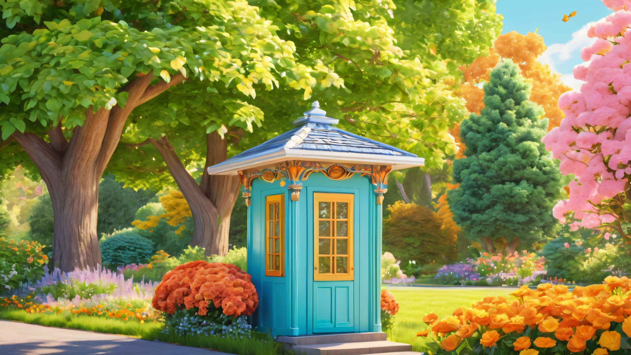 Whimsical utility box and tiny house with lush garden and sunny yellow door, surrounded by vibrant flowers and trees on a bright blue sky with wispy clouds, ideal for desktop/PC use.