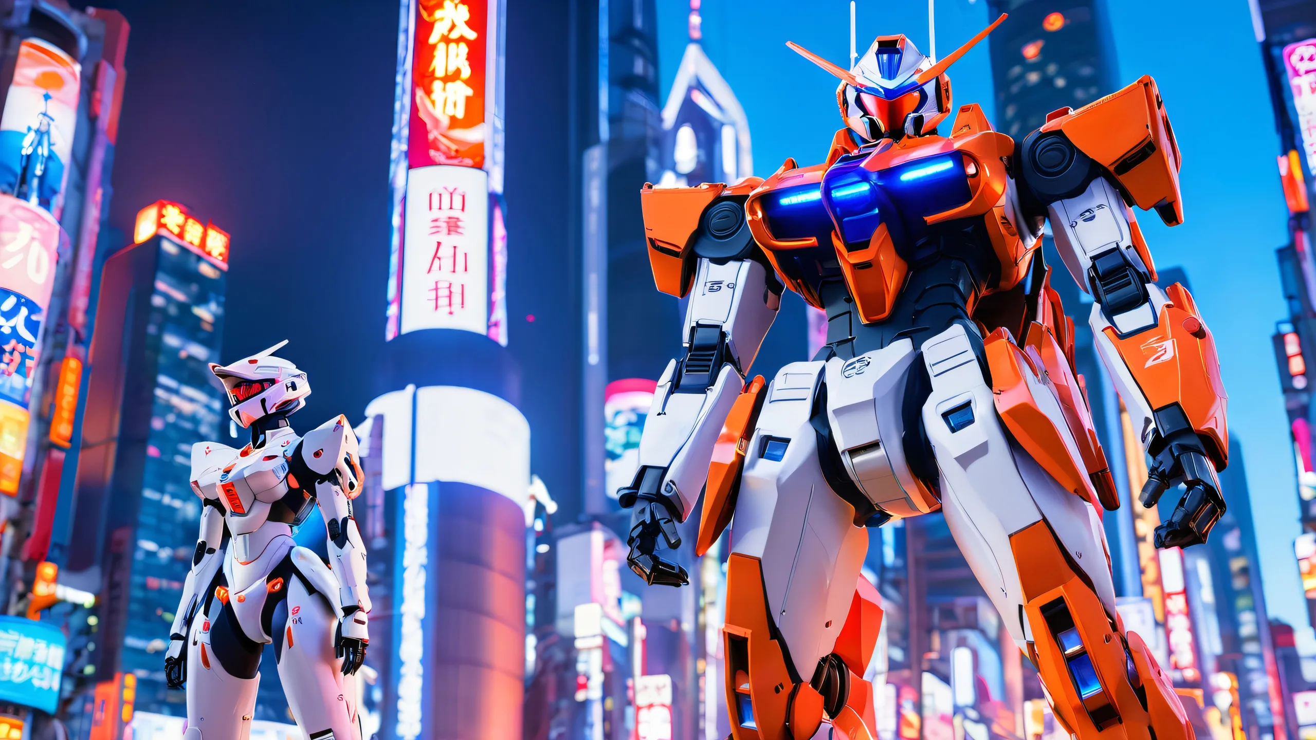4K Tokyo-3 Chaos Unfolds Desktop Background A majestic desktop wallpaper of Eva Unit-01 and its companions standing strong amidst a Tokyo-3 cityscape at night, with towering skyscrapers and neon lights. Ideal for PC or Desktop use.