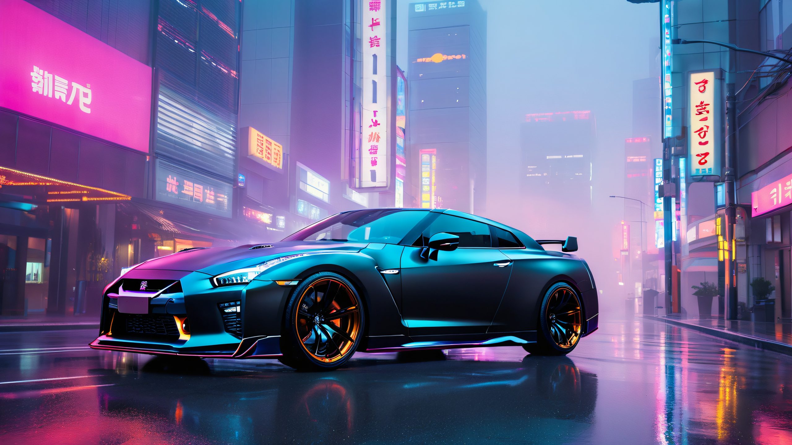 Sleek Nissan GT-R parked on a misty Tokyo morning, with blurred cityscape and neon lights for desktop/pc