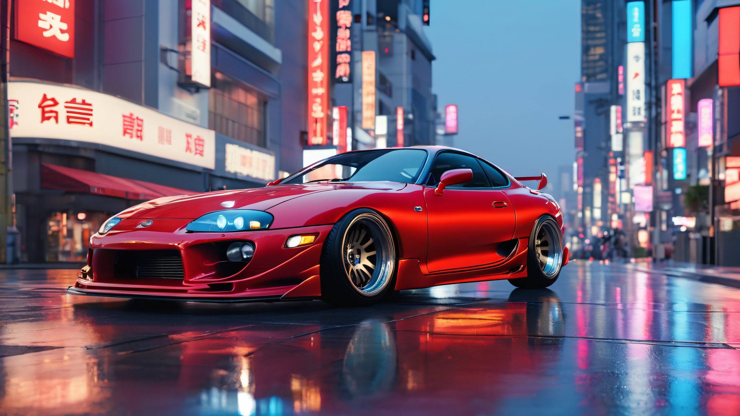 Sleek Toyota Supra parked on a neon-lit Tokyo street at dusk, perfect for desktop/PC backgrounds.