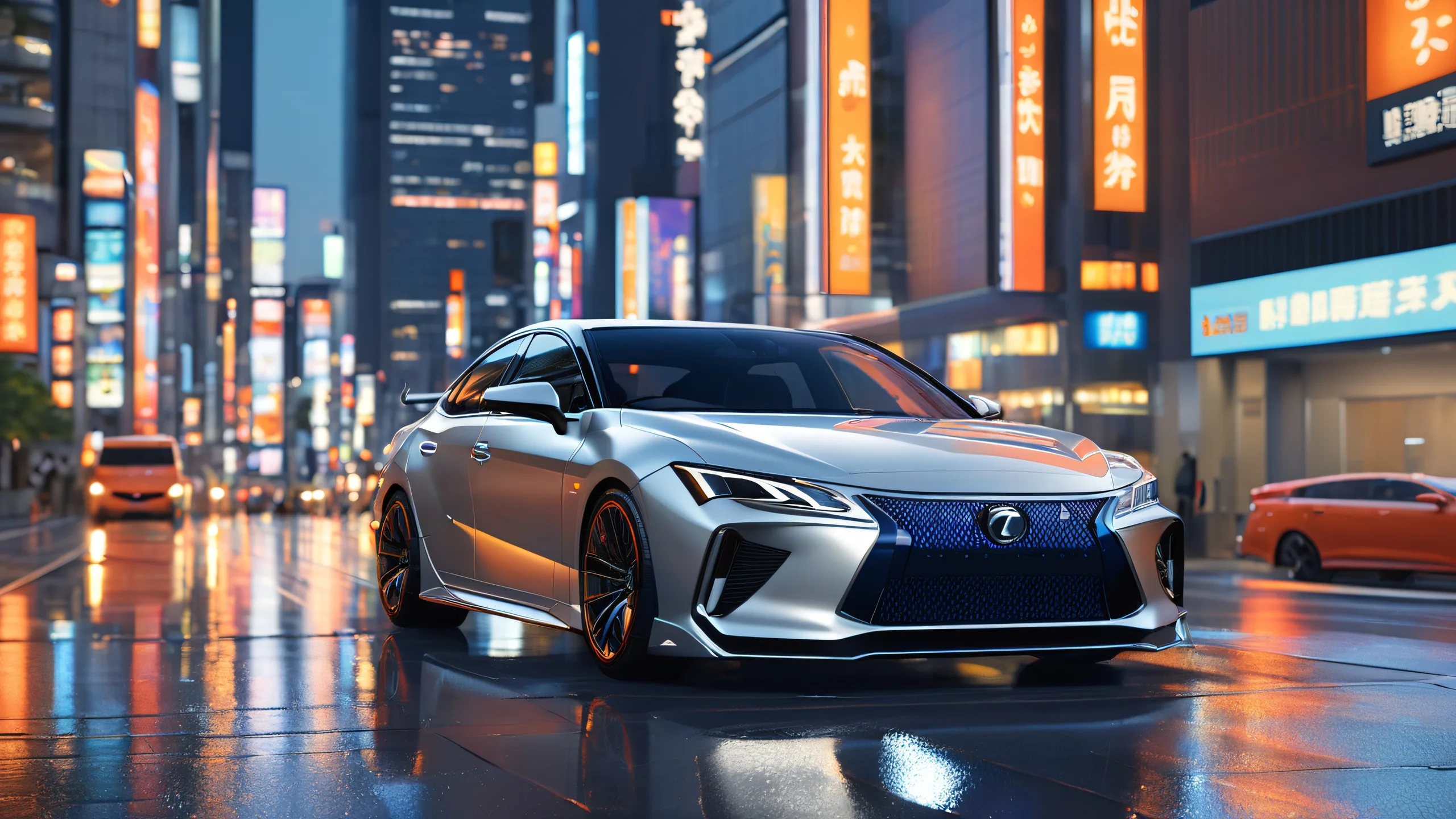 Sleek sedan amidst Tokyo's bustling cityscape at night, with neon lights reflecting off the wet asphalt and towering skyscrapers casting long shadows.